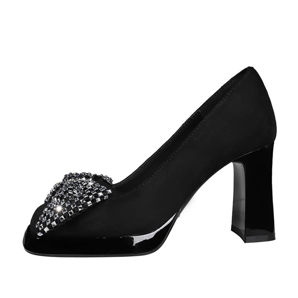 Donna Nero 9cm Quadrato Chiuso Tondo Tacco Alto Arco Decorazione Piattaforma Tacco Grosso Pompa Sandali