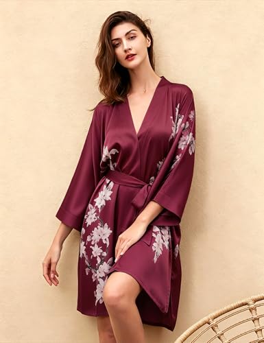 Image of BABEYOND Kimono Robe Cover up Short Satin Floral Silky Kimono Blouse Loose Bachelorette Party Robe