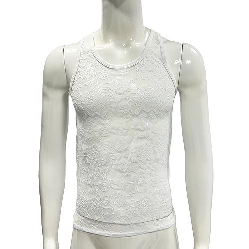 Men's Vest Floral Lace Muscle Crop Tank Top See-Through Sleeveless Casual Tee Shirt Undershirt Nightwear2