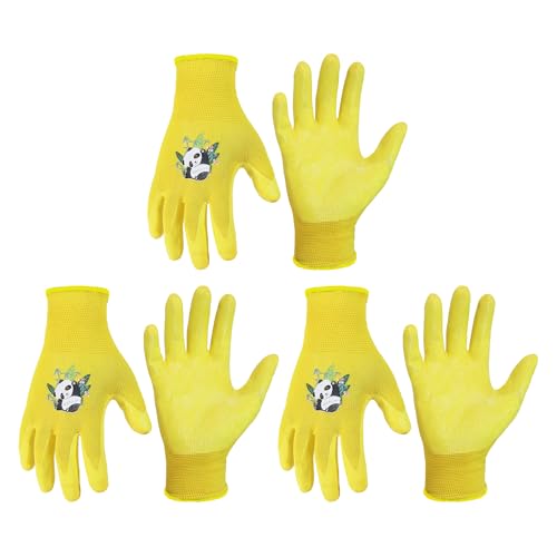 HANDLANDY 3 Pairs Kids Gardening Gloves for Age 2-13, Toddler Children Garden Yard Work Outdoor Playing Gloves, Rubber Coating, for Girls Boys Youth (Yellow, Size 5, Age 8-10)