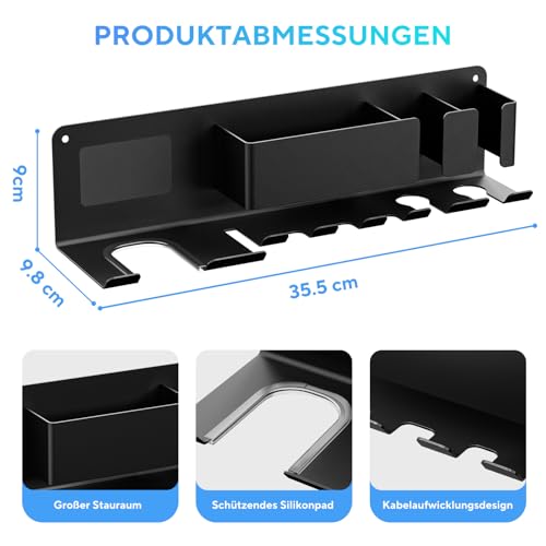 DOTCUTY Föhn Halterung Wandmontage, Fönhalter ohne Bohren zum Kleben oder Schrauben, Metall Fönhalter fürs Bad, Haartrockner Halterung mit Haken für Glätteisen, Lockenstab, Bürsten & Haarzubehör
