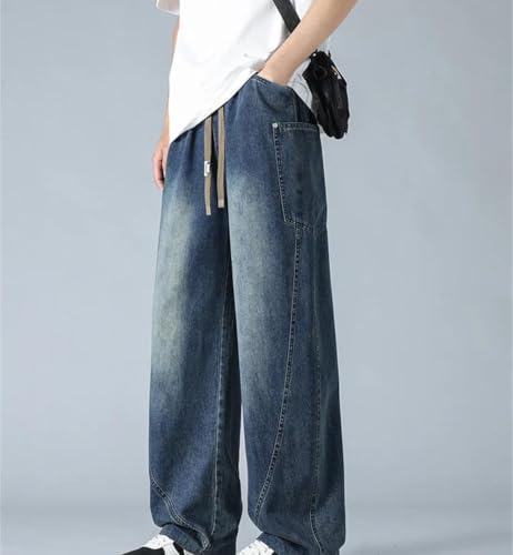 Men’S Big Size Wide Leg Jeans Mid Waist Loose Fit Denim Pants Casual Drawstring Closure Lightweight Jeans2