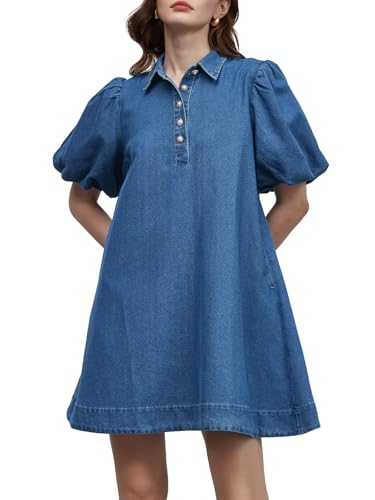 LifeShe Babydoll Denim Dress for Women Puff Sleeve Flowy Mini Jeans Dresses Button Down Jean Romper4