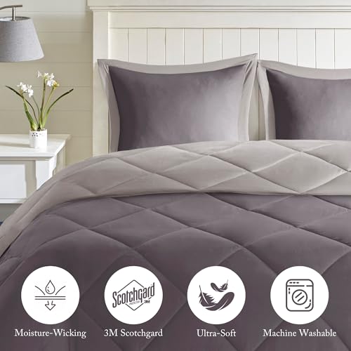 Image of Madison Park Comforter Set, Reversible Down Alternative All Season Microfiber Bedding, 3M Scotchgard Stain Release, Full /Queen Dorm Comforter, Charcoal /Grey
