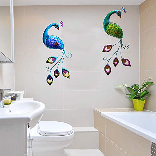 Jfrising 2 Pack Peacock Wall Art Decor Plaque Hanging Sculpture, Blue Green Metal Glass Art Peacock Home Wall Decor, Peacock Gift & Craft #TOP2