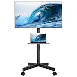 BONTEC Mobile TV Stand for 23-60 Inch TVs, Rolling TV Stand with Locking Wheels, Adjustable Height, Media Shelf, Max VESA 400x400mm, Holds Up to 88lbs