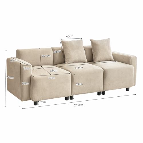 Dolamaní 3 Sitzer Sofa Modern Wohnzimmersofa Beige 211 x 67 x 71 cm, Gästesofa Kleiner 3er Sitzsofa mit Kissen – Bild 3
