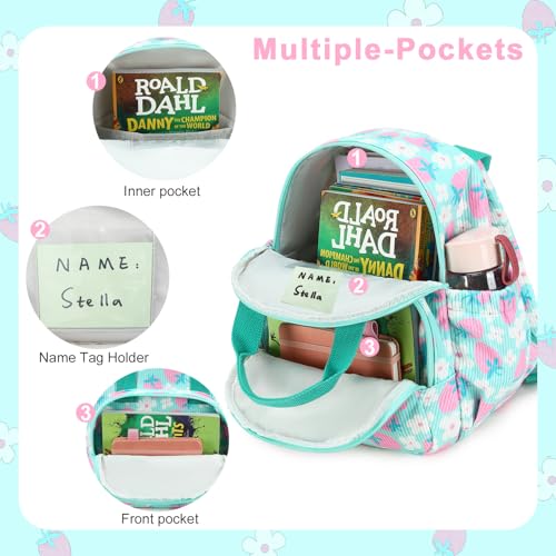Image of Bluboon Toddler Backpack for Girls Boys 2-4 Cute 12 inch Preschool Kindergarten Backpacks Kids Daycare Bags School Travel (Pink Strawberry Flower - Mint Green, Age 2-4 (12 inch H not Fit A4 Folder))