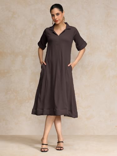 Image of Varanga Women Beige A -line Calf Length Dress Featuring Classic Shirt Collar and Short Sleeves which offering Comfort and Ease