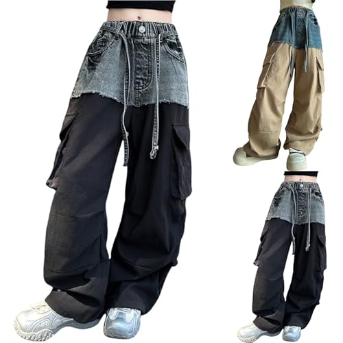 Girls Jeans Denim Elastic Waist Wide Leg Baggy Pants Kids Clothes Cargo Pants with Pockets Teen Jeans