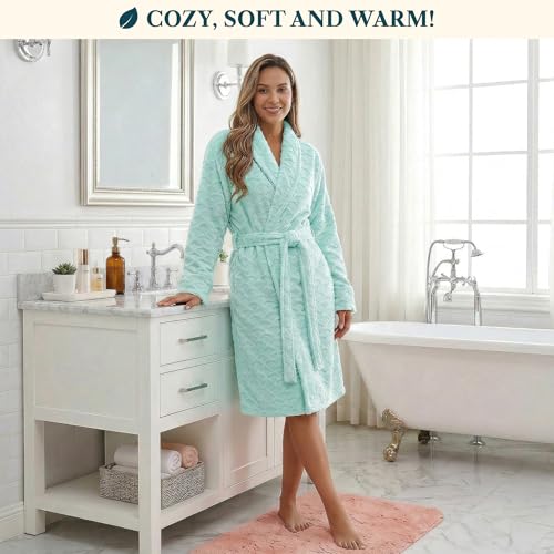 Image of PAVILIA Plush Robe for Women, Soft Fleece Short Bathrobe, Warm Lightweight Knee Length Lounge Robe with Pockets