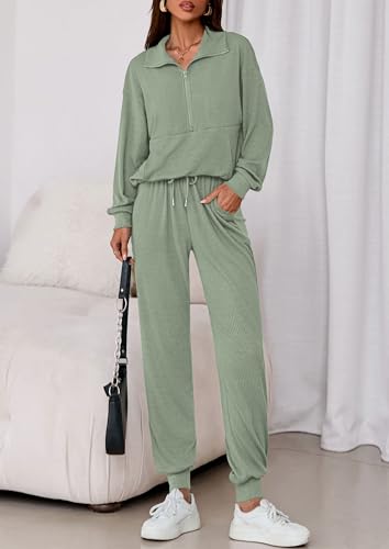 Image of PRETTYGARDEN Women 2 Piece Ribbed Knit Matching Lounge Sets | Comfy Sweat Track Suits, Athleisure Casual Outfit, Half Zip Sweatshirt & Jogger Pants, Fall Winter Clothes for Airport Travel