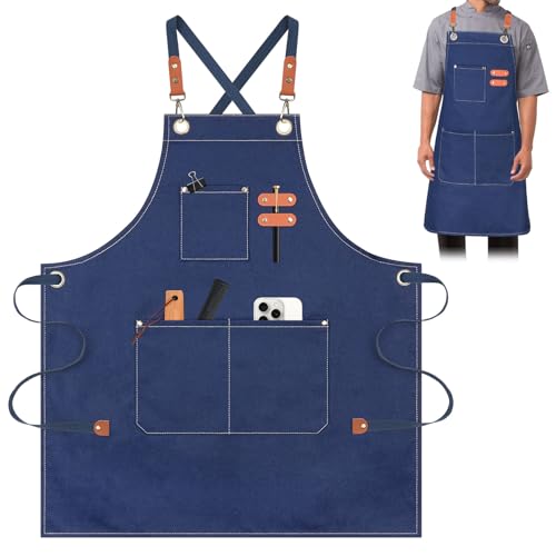 AYESY Delantales de Lona, Delantales para Hombres y Mujeres 68x75cm Delantal de Cocinero con 3 Bolsillos Correas Cruzadas Ajustables Delantal Vaquero para Cocinar Hornear Jardinería Artista (Azul)