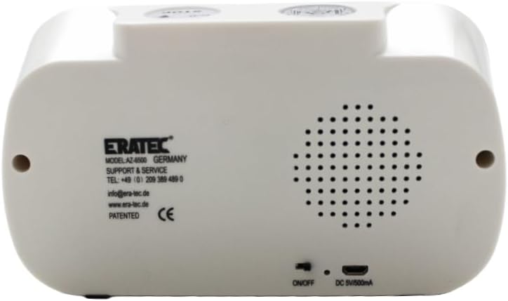 Rear view of the ERATEC AZ-6500 Azan Prayer Clock showing the speaker, power switch, and USB port.