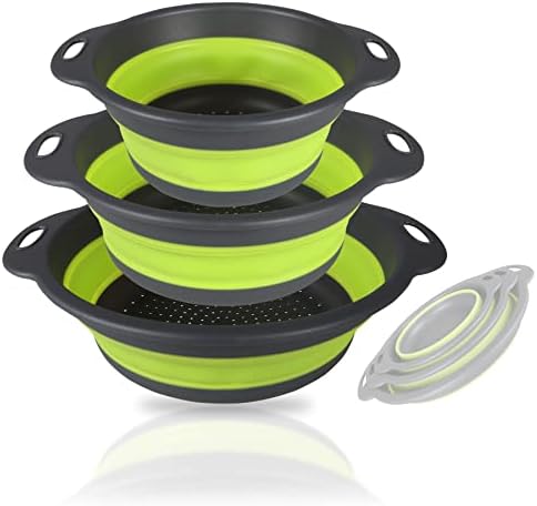 HAPIBI Collapsible Colander Set of 3, Silicone Folding Food Strainers, Space-Saving Kitchen Strainer for Pasta/Vegetable/Meat/fruit, BPA Free&Dishwasher Safe Home/RV/Camping Accessories (Green+Grey)
