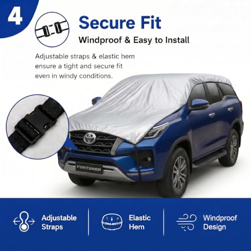 Image of Pivalo Half Car Body Cover for SUV Cars (All Models & Years) | 100% Waterproof Outdoor UV & Heat All Weather Protection | Triple Stitched 3 Layer with Adjustable Straps Cover (Reflective Silver)