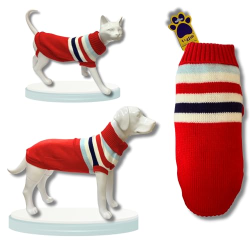 Image of A+a Pets' Cozy Knitted Flannel Sweater - Soft, Warm, Comfortable Fleece, Cold Weather Clothes for Dogs and Cats (Stripes, Red, 4XL)