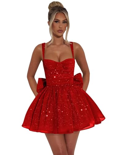BOLENSYE Sparkly Homecoming Dresses Short for Teens with Bow Puffy Pleated Graduation Cocktail Party Gown