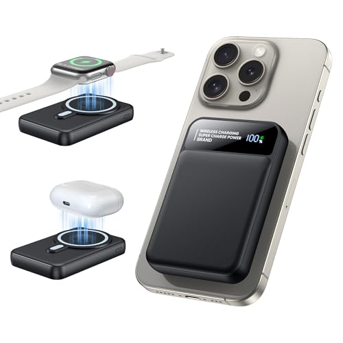 Magnetic Power Bank 12000mAh,3-in-1 Wireless Portable Charger,22.5W PD Fast Charging with LCD Display,Magsafe Battery Pack Compatible with All iPhone 15/14/13/12/iWatch/Airpods/Galaxy Phones Series