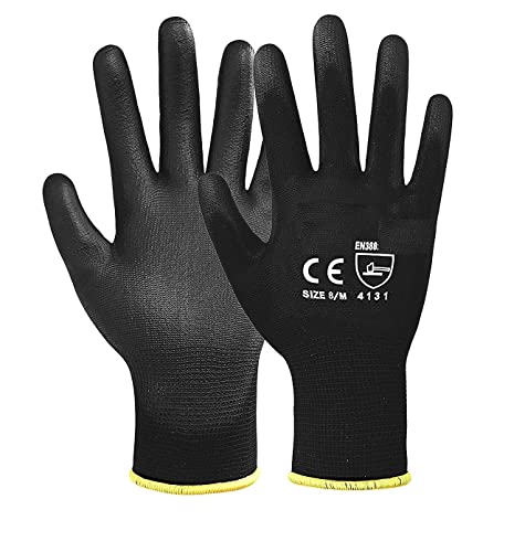 A406 12 Pair Black Nitrile Coated Gloves Work Gloves Nylon Safety Work Gloves Garden Gloves Builders Gloves Mens Gardening (Medium)