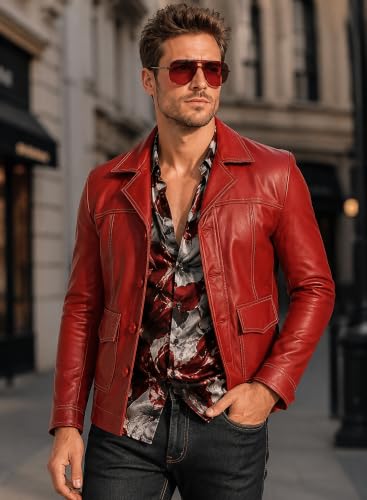 Image of Mens Fight Tyler Durden Brad Inspired Costume Leather Jacket | Short Lapel Collar Motorcycle Retro Racing Red Faux Leather Biker Jacket