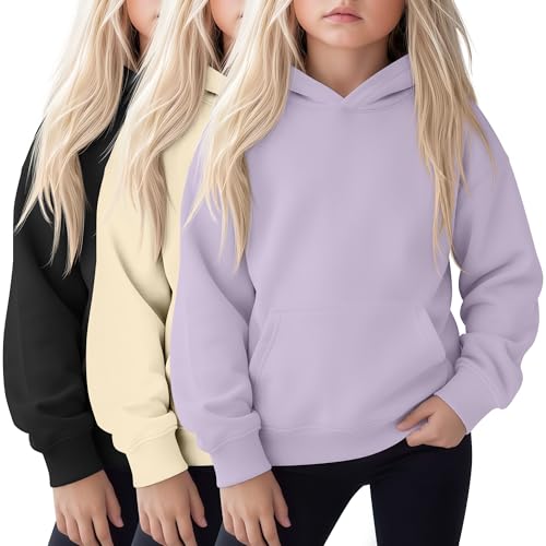 LessonZoo 3 Pack Girls Hoodies Lightweight Kids Oversized Hooded Sweatshirt Cute Long Sleeve Pullover Sweatshirts with Pocket(Light Purple Cream Black 5-6 Years)