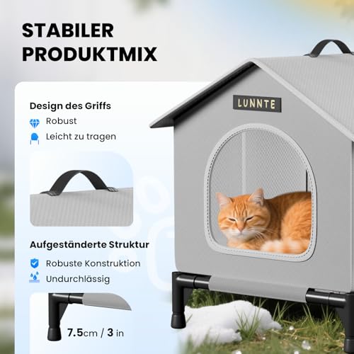 Outdoor Katzenhaus mit Erhöhten Design, Wasserdicht Katzenhaus für Draußen, Warm Hundehöhle mit Türvorhang, Waschbar Hundehaus Tierheim Für Streuner Haustiere (34x40x47cm, Grau)
