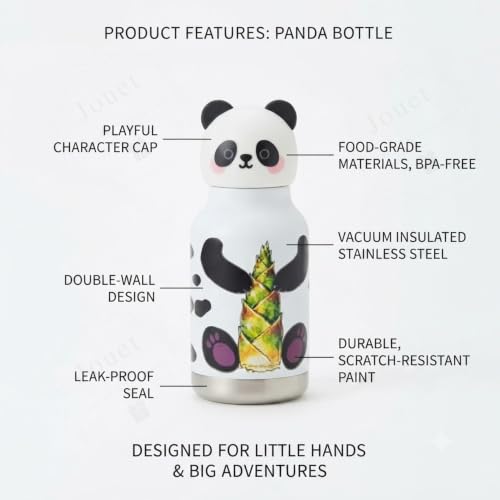 Image of JOUETKids Stainless Steel Water Bottle 280ml with Cute Panda Character Lid, White Leakproof Drinking Bottle for School, Travel & Daily Use