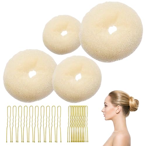 4 Pcs Ring Style Donut Bun Shaper Hair Donut Bun Maker Set with 20 HairPins Hair BunDonuts Hair Donuts Brown for Girls Kids Women DIY Chignon HairStyles (Beige)