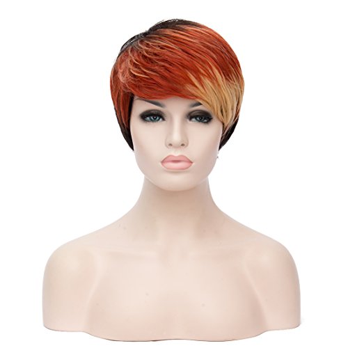 TopWigy Women's 10" Short Curly Wave Wig Ombre 2 Tone Red Blonde to Black Highlight Side Bangs Wig Full Hair Wigs +Wig Cap