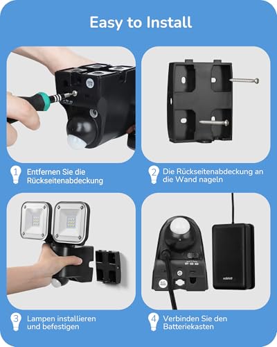 EDISHINE Batterie LED Strahler mit Bewegungsmelder Außen, Kabelloser Batteriebetriebener Außenstrahler, Verstellbare Doppelte Lampenköpfe, IP44 Wasserdicht, 800 Lumen, 6000K für Garage, Hof