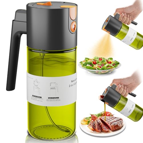 OURCABECUE Upgrade 2 in 1 Oil Sprayer for Cooking, 17oz Light-Blocking Glass Olive Oil Dispenser Bottle for Kitchen, Food-Grade Oil Mister with 8 Stickers for Salad, Frying (Green Bottle-Black Gap)