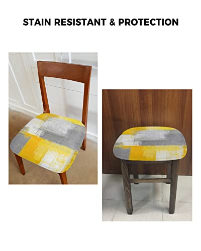 Savannan Dining Room Chair Seat Covers, Farmhouse Abstract Art Gray And Yellow Block Removable Stretch Chair Seat Cushion Slipcovers Protector For Holiday Party Festival Decoration, Set Of 2 #TOP5