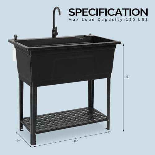 Image of Vingli 37-Gallon Freestanding Utility Sink with Faucet, 36 inch Heightened Basin for Laundry, Garage, Outdoor Garden, Pet Wash, Heavy Duty Plastic Laundry Tub with Storage Shelf, 40 inchLx24 inchWx36 inchH, Black