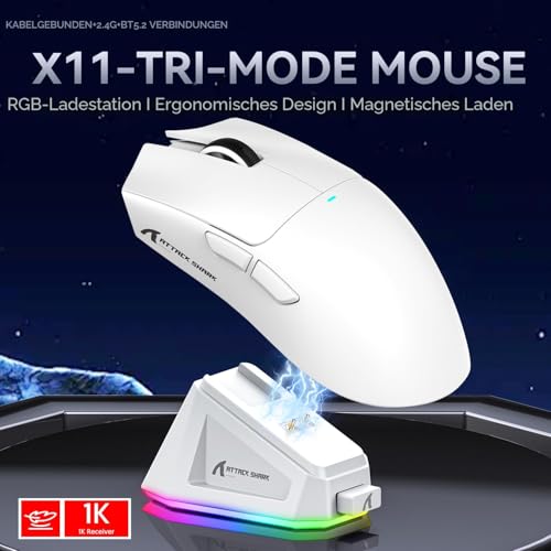 ATTACK SHARK X11 Gaming Maus mit Magnetspannungsdock, PixArt PAW3311 Sensor, BT/2,4G Wireless/Wired, 22000 DPI, Büro- und Gamertool für Win11/Xbox/PS/Mac (Weiß) 2