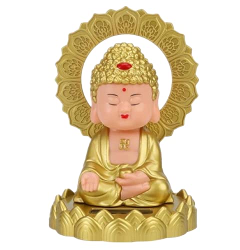 Image of AUGEN Small Buddhist Monk Solar Ornaments, Automatic Nodding Lucky Meaning Light Energy Sensing Eco Friendly Solar Buddhist Monk Statue Decoration for Home Car Dashboard (Pack of 1)(E, Gold)