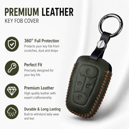Image of JVCV Car Styling Soft Handmade Leather Key Cover Compatible with Tata Nexon, Harrier, Tiago EV, Altroz, Tigor, Safari, Nexon EV, Punch, Punch EV 4 Button Smart Key (Green)
