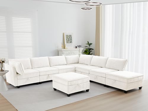 Image of ORRD Oversize Corner Modular Sectional Sofa Set, Convertible L Shaped Couch with Storage, 8 Seater Sofa Modular with Ottomans and Reversible Chaise for Living Room, Office (Beige)