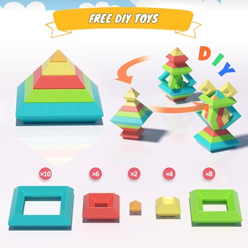 40Pcs Montessori Toys for Ages 3 4 5 6 Toddlers Kids Baby,Pyramid Stacking Building Toys,3D Preschool Learning Blocks for Kids,STEM Sensory Toy Gifts for 3-5 Year Old Boy Girl,Plastic Storage Bag Set - Image 4