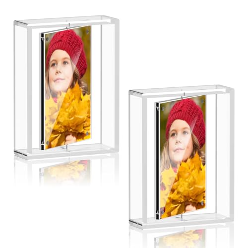 PPH-Sisy 4x6 Acrylic Magnetic Picture Frame 2 Pack Double Sided 360 Rotating Clear Photo Frame Frameless Desktop Display for Home Office Decor Wedding Birthday Graduation Gift