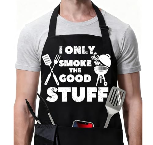 Rosoz Funny BBQ Black Chef Aprons for Men Adjustable Kitchen Cooking Aprons for Men Dad Husband - Birthday Fathers Day Grilling Gifts for Papa Husband