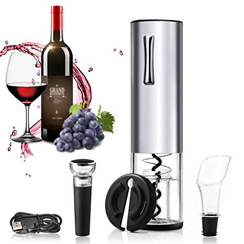Ipow Electric Wine Opener Automatic Electric Wine Bottle Corkscrew Opener Rechargeable with Aluminum Foil Cutter, Wine Stopper, Pourer, USB Cable for Wine Lovers, Christmas, Party,5 in 1 Gift Set