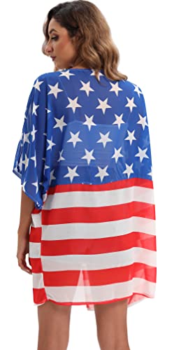Image of DDSOL Women's American Flag Kimono Cover up Beachwear Cardigan Loose Tops Shirt Blouse