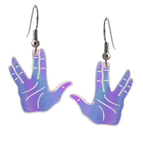 Vulcan Salute Hand Gesture Iridescent Dangle Earrings on Nickel Free Hooks, Live Long and Prosper Star Jewelry