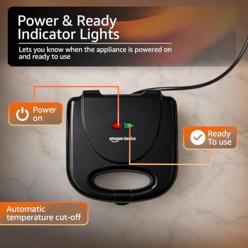 Image of Amazon Basics 2-Slice Sandwich Maker 750W | Non-Stick Coated Plates | Thermostatic Temperature Control | Cool-Touch Handle | Power & Ready Indicator Lights | Overheat Protection | Upright Storage Design | BIS Certified | Black