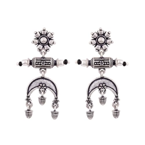 Image of Voylla Oxidised Silver Plating Brass Floral Motifs Dangler Earrings for Women and Girls, Boho /Tribal Style