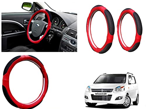 Image of Microfiber Car Steering Wheel Cover, Soft Padding Great Hand Feel, Anti-Slip, Faux Leather Steering Cover for Maruti Suzuki WagonR 2013 | Black Red Jali - Pack of 1