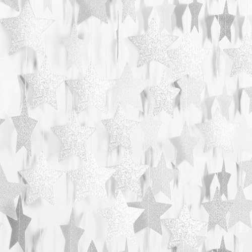 Image of Silver Glitter Star Garland Banner Streamers - 2.76 Inch 52 FT 4 Strands Paper - Hanging Garland for Bachelorette Birthday Engagement Baby Shower Bridal Shower Party Decorations