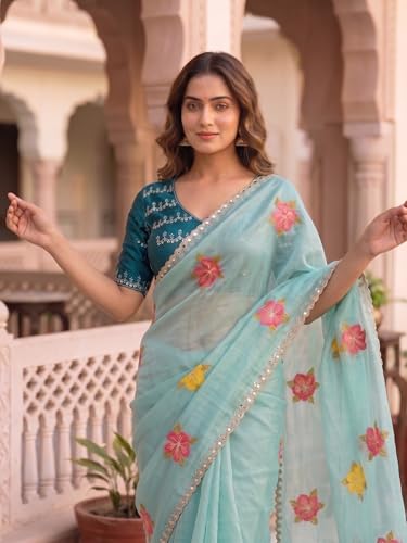 Image of Handcrafted Floral Embroidered Saree with Contrast Blouse