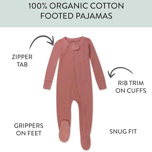 HonestBaby Unisex Kid's Non-Slip Footed Pajamas One-Piece Sleeper Jumpsuit Zip-Front PJs 100% Organic Cotton for Baby Boys, Ash Rose